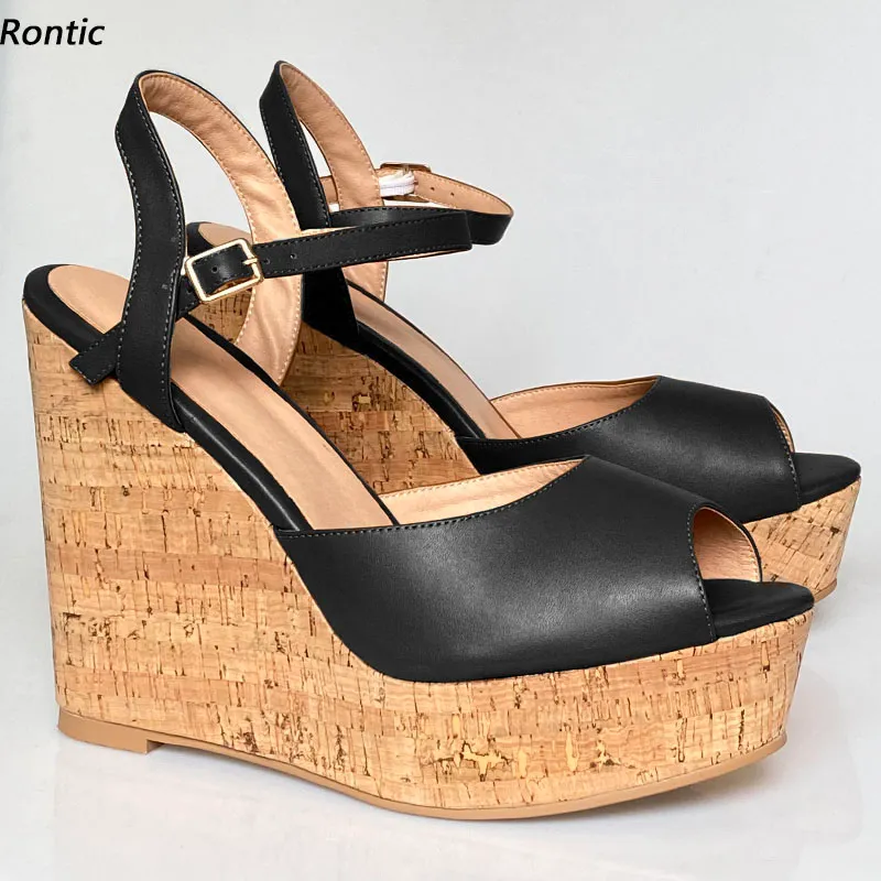 Rontic Women Ankle Strap Sandals Platform Buckle Wedges Heels Peep Toe Elegant Black Blue Purple Party Shoes US Size 5-20