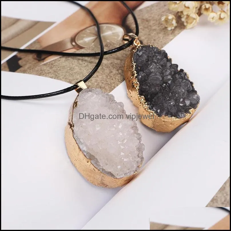 Hot sale Druzy necklace 7 color Geometric Natural Drusy Stone pendant Black snake Leather Cord Rope chain necklace For women Fashion