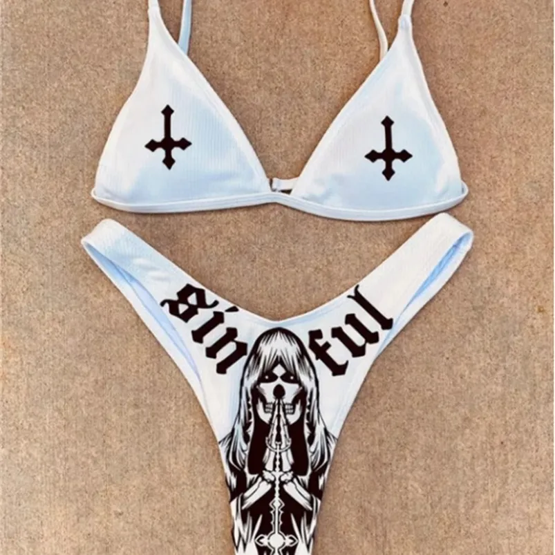 Kobiety śmieszne litery Drukuj 2PCS Bikini garnitury głębokie odłączona piersi w szyku dekoltowym z trójkątnymi dnomi strojów kąpielowych 220622