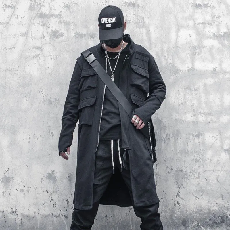 Stylish Men's Long Coat Windbreaker for Streetwear Fashion, Black Stylish Men's Long Coat Windbreaker for Streetwear Fashion, Black