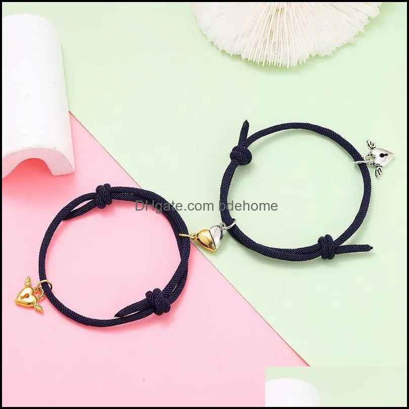 2pcs Heart Magnet Attract Couple Bracelet Lock Key Pendant Love Jewelry Adjustable Braided Rope Bangle for Women and Men