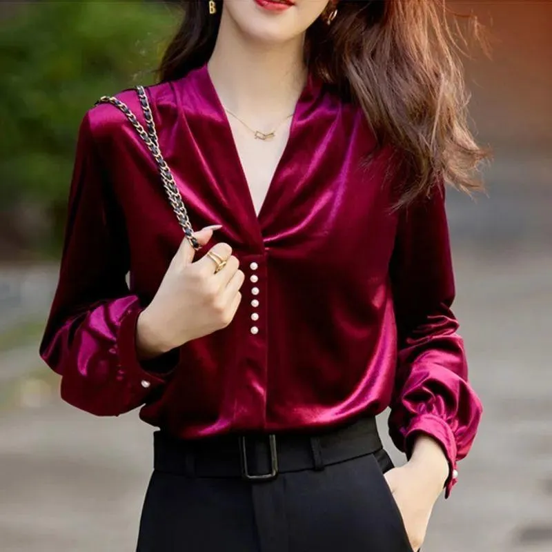 Frauen Blusen Shirts Frühling Herbst Lässige Mode Outwear Goldenen Samt Lange Ärmeln Temperament V-ausschnitt Reine Farbe Weibliche Top