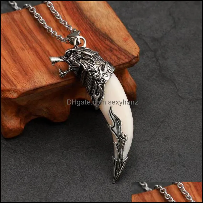 halloween gift wolf tooth men`s pendant necklaces lucky jewelry classic wolf`s head amulet punk leather rope fashion necklace