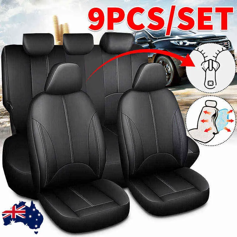 9PCS Automobile Car Seat Cover Protector PU Leather Anteriore Posteriore Set completo Impermeabile Universale con cerniera per 5 posti auto H220428