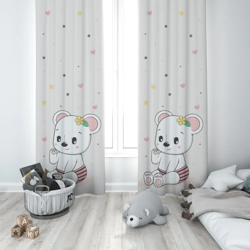 Curtain & Drapes Flower Crown Cute White Teddy Bear Baby Girl Kids Room Special Design Canopy Hook Button Blackout Jealous Window Bedroom