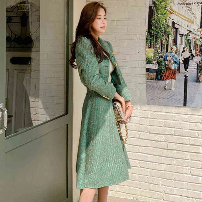 Womens Green Plaid Blazer & Skirt Set Office Outfit, Short