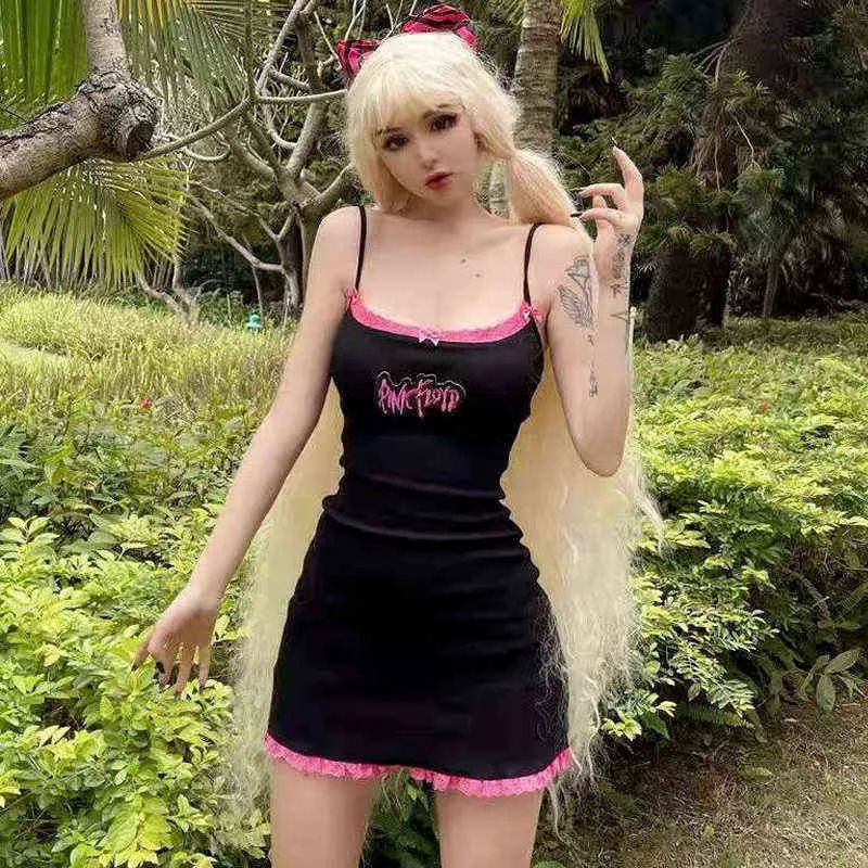 yanqin03 Emo Alt Goth Cyber Y2K Mini Dress Women E-Girl Pink Black Lace Trim Sexy Mini Dresses Dark Academia Aesthetic 90s Kawaii Rave Clothes G220414