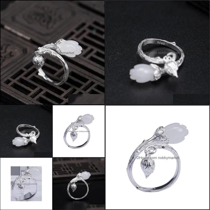 VLA 925 Sterling Silver creative design white jade Magnolia ring women`s adjustable size national style jewelry