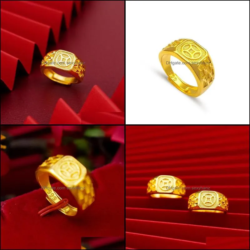 24KT Gold Coins Round Resizable Ring Wholesale Fashion Man Boy Birthday Wedding Gift