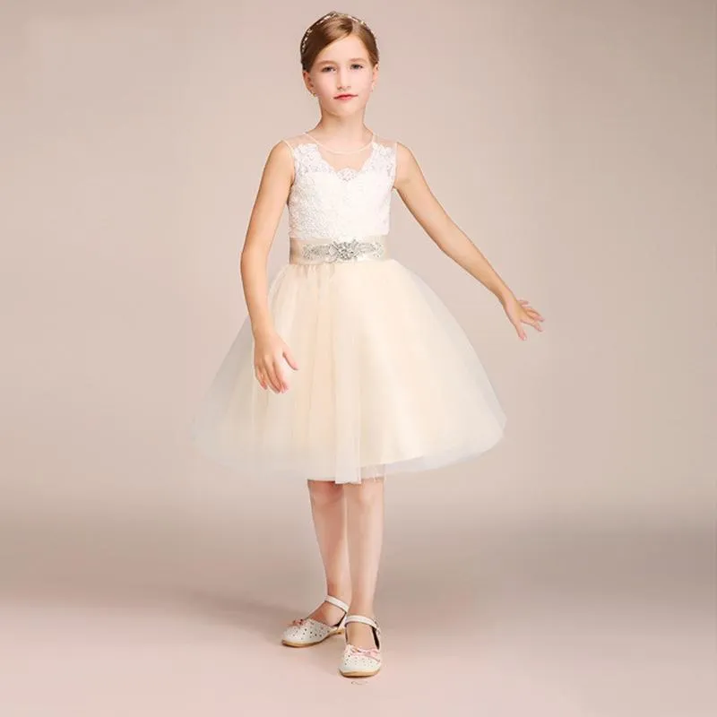 Vestidos de menina Flor de champanhe para casamentos pescoço puro Veja através de apliques faixa curta meninas de concurso de vestido de vestido de aniversário