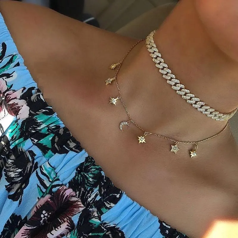 Подвесные ожерелья Hip Hop Sparkling Cz Miami Кубинская цепочка для женщин для женщин -дам моды, наполненная золотой, микроэлементы, украшающие ювелирные изделия 38cmpendent