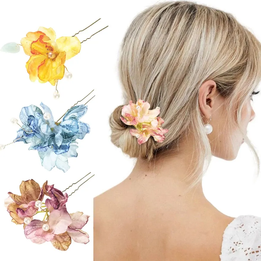 Women's Retro Simulation Flower Pearl Hairpin U-Shaped Ponytail Hair Sticks Ancient Costume Hanfu Accessories Jewelry