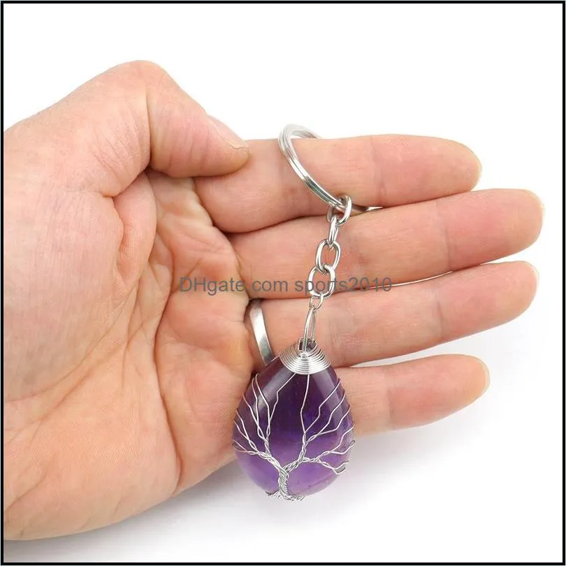 handmade tree of life key rings waterdrop natural stone healing crystal quartz keychain keys chain key ring