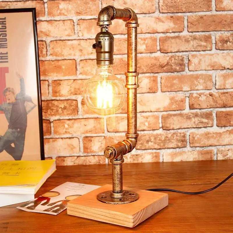 Lampy stołowe Retro Przemysłowe Żelazko Lampa Drewno Steam Punk Light E27 Przełączanie Cafe Bar Dekoracyjne biurko studiów