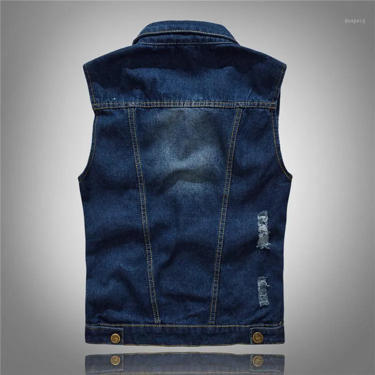 Mäns västar denim Vest Jacket ärmlös avslappnad midja jeanrock rippad smal fit manlig cowboy