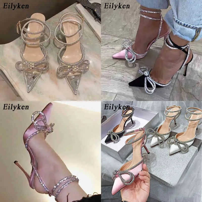 Klänningskor Eilyeken Spring Style Glitter Rhinestones Silk Transparenta Women Pumps Crystal Bowknot Satin Lady High Heels Party Prom 220507