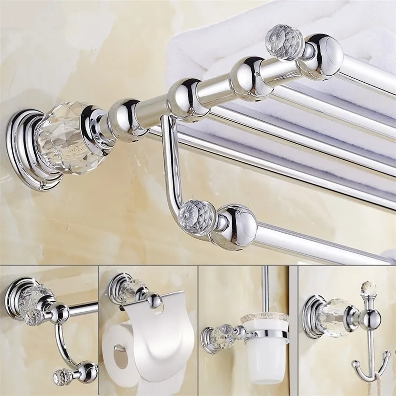 Crystal Bath Hardware Set Chrome toilet brush holder Paper HolderTowel BarSoap basketHook Brass Towel Rack bathroom set T200425