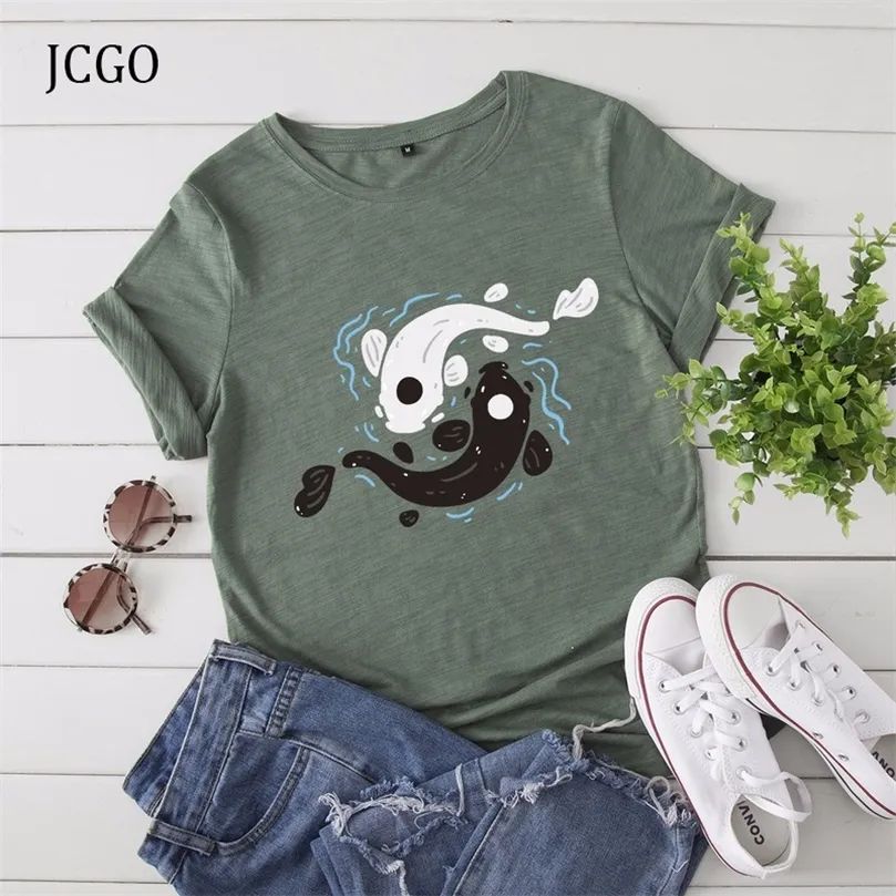 JCGO 패션 여름 T 셔츠 여성 100%면 생선 인쇄 다목적 S-5XL Tshirts O-Neck Short Sleeve Vintage Casual Tee Tops 220511