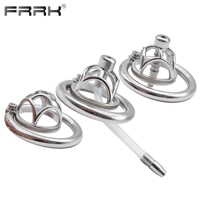 FRRK Small Inverted Male Chastity Cage with Urethral Plug PU Strapon Belt Harness for Men Stainless Steel Adults 18 sexy Products