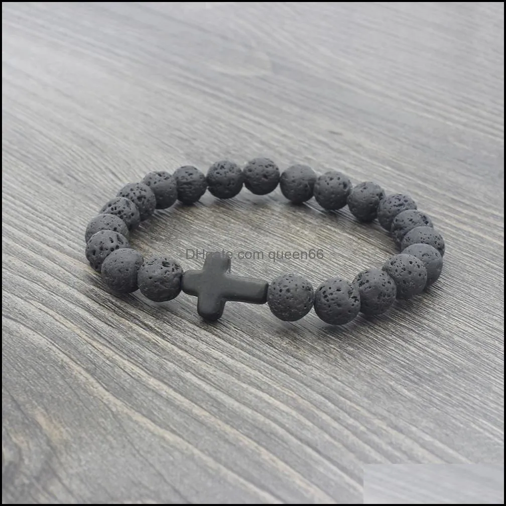 Natural Black Lava Stone Cross Bracelet DIY Aromatherapy Essential Oil Diffuser Bracelet for women men Jewelry