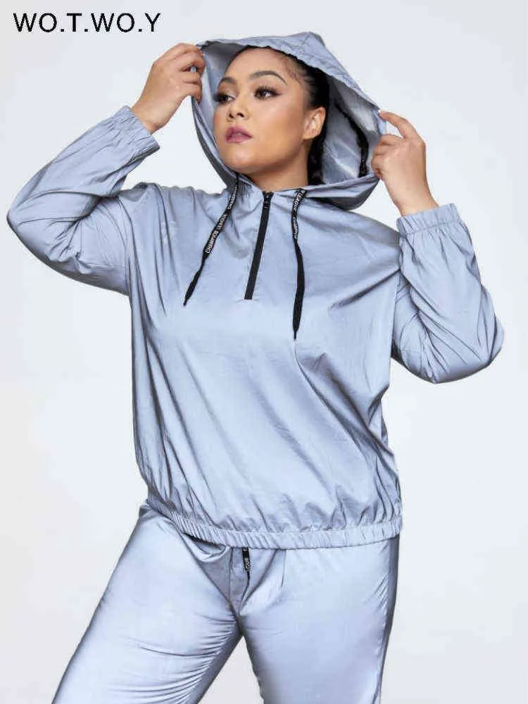 Gray Fluorescent Reflective Plus Size Hoodies Women Half-Zipper Drawstring Hooded Sweatshirts Female Training L-4XL Tops L220706