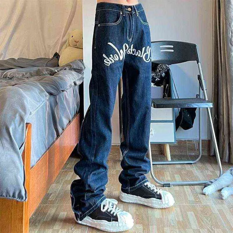 Dark Blue Letter Bordado Jeans Brinded Men Autumn e Winter High Street Tide Inspra Troushers Women Women Straight Casual Pants X220714