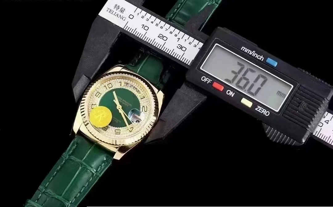 36 -миллиметровые женщины смотрят автоматические сапфировые хрустальные бриллианты набрать зеленый искренний кожаный ремешок водонепроницаемые наручные часы Cool Design Business Casual Wear.