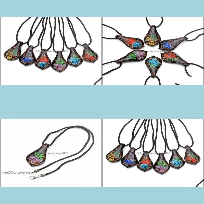 wholesale 6pcs flower statement jewelry leaf murano pendant mixed colors lampwork glass necklace