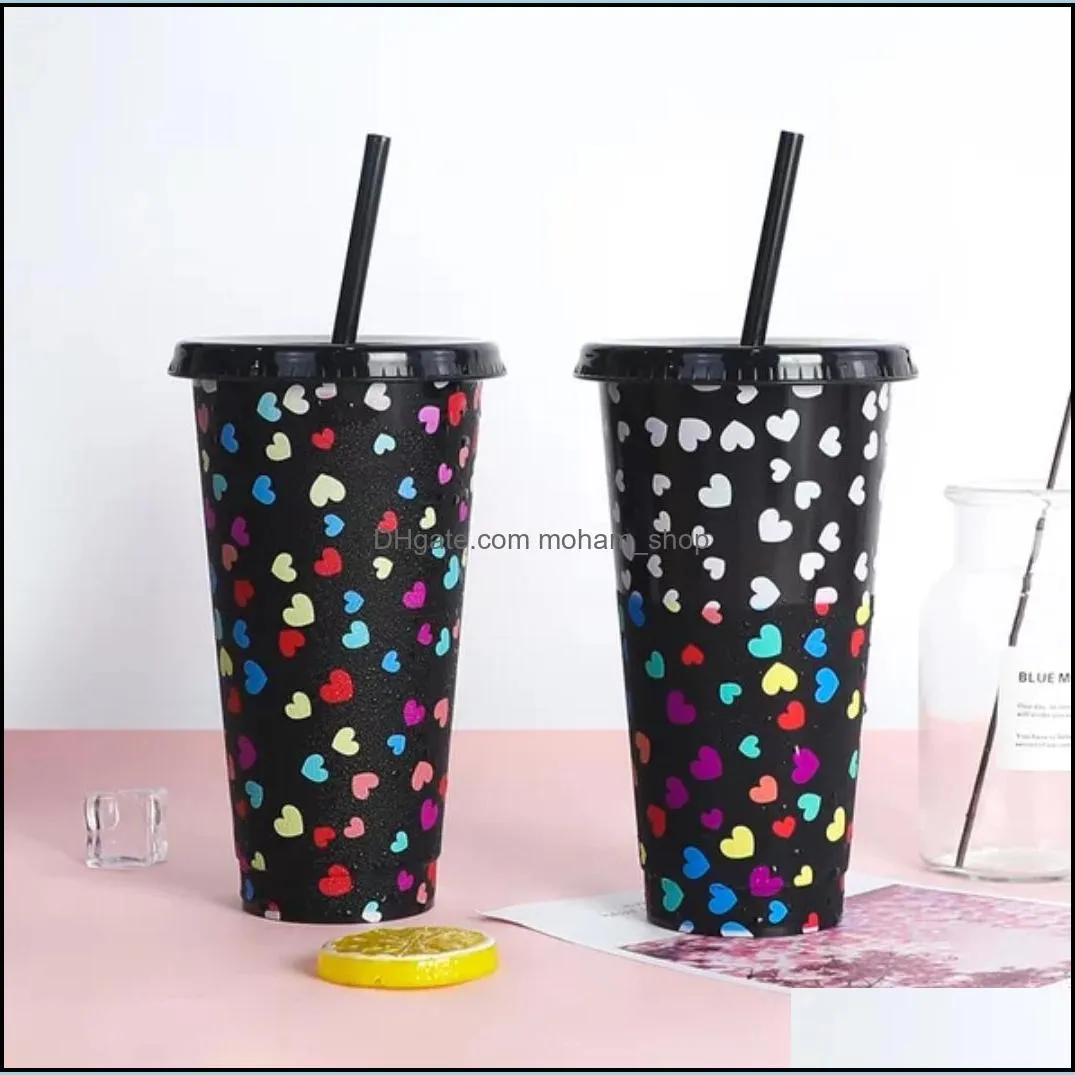 creative love color changing cup 240oz/710ml pp beverage cold blue plastic water cup single color changing straw cup rrf11397