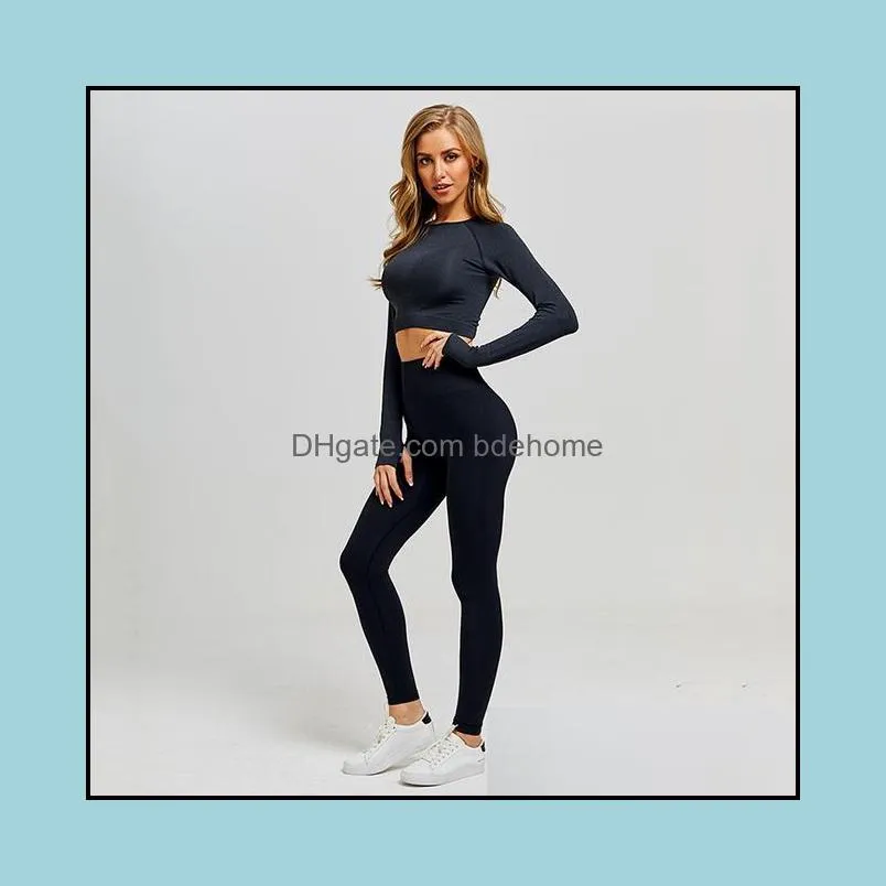 Yoga Outfit 10 Colors Women Seamless Set 2PCS Long Sleeve Top High Waist Sport Leggings Active Wear Gym Suit Workout Clothes