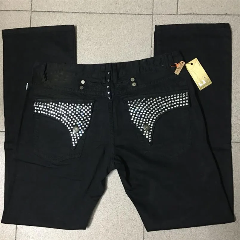 Mens Robin Jeans Black with Silver Crystal Studs Denim Pants Designer Trousers Wing Clips zipper Embroidery Straight fit size 30-4190m