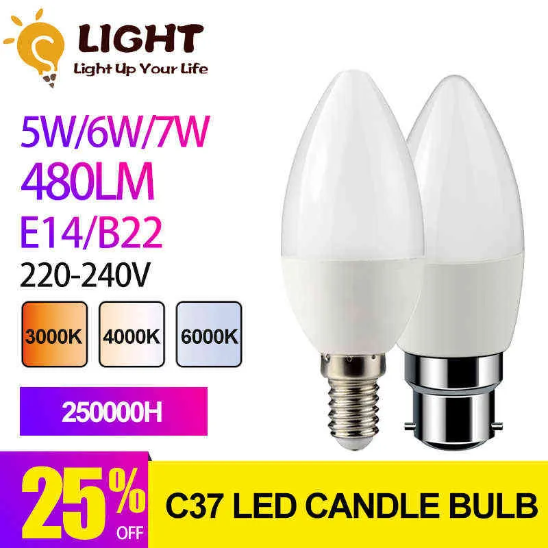 LED C37 3W 5W 6W 7W E14 B22 E27 220V 3000K 4000K 6000K Lampada Candle Bulb Living Room Home LED Bombilla for Home Decoration H220428
