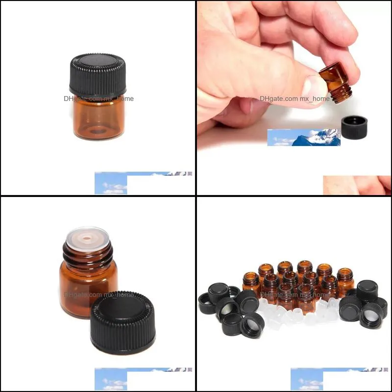 2000pcs/lot 1ml (1/4 dram) Amber Glass  Oil Bottle perfume sample tubes Bottle with Plug and caps