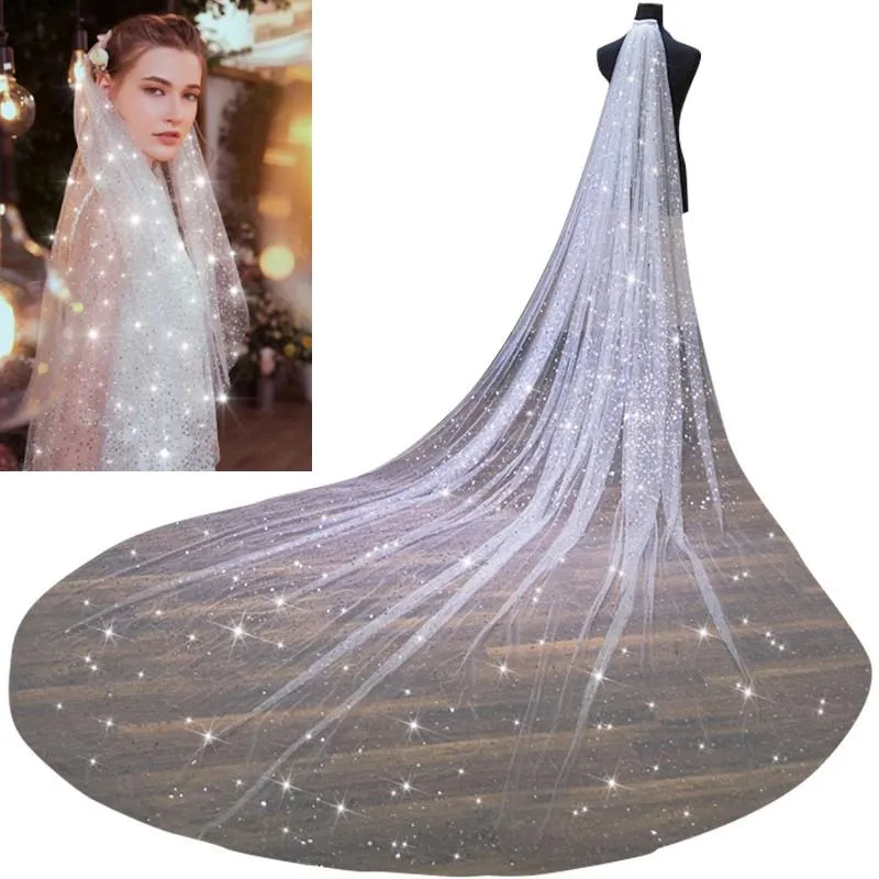 Voiles de mariée Voile Long Sparkly Bling Blanc Champagne Cathédrale Mariage Brillant Avec Peigne 3.5 Mètres Une Couche Velo De NoviaBridal