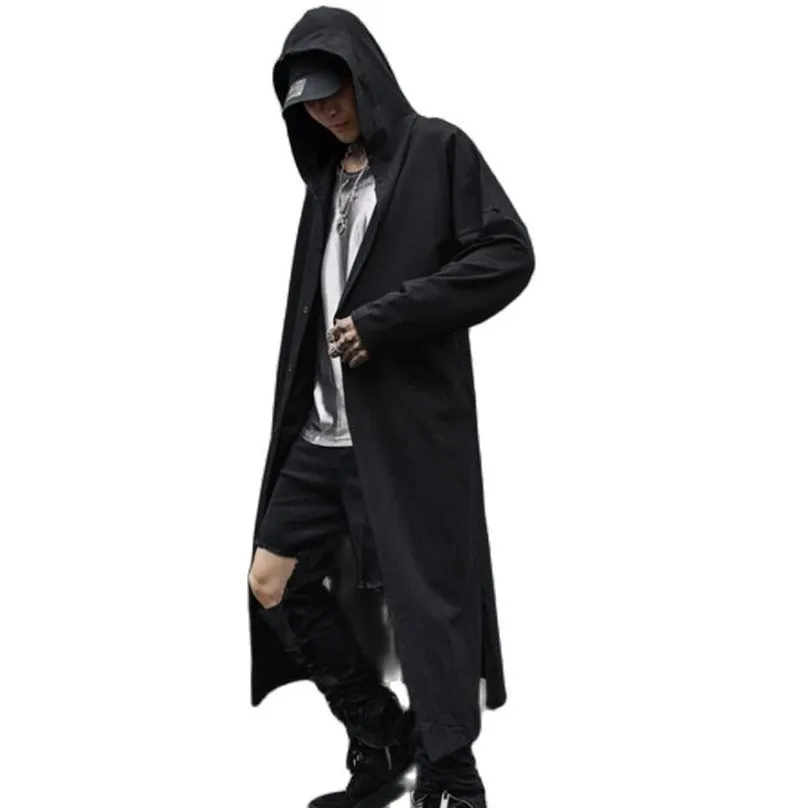 Herren Trenchcoats Frühling Sommer Männer schwarz dünn Punk Rock Hip Hop Kapuzen Trenchcoat lange Jacke Herren Gothic Stil Mantel Vintage HipHop Cardiagn 220826