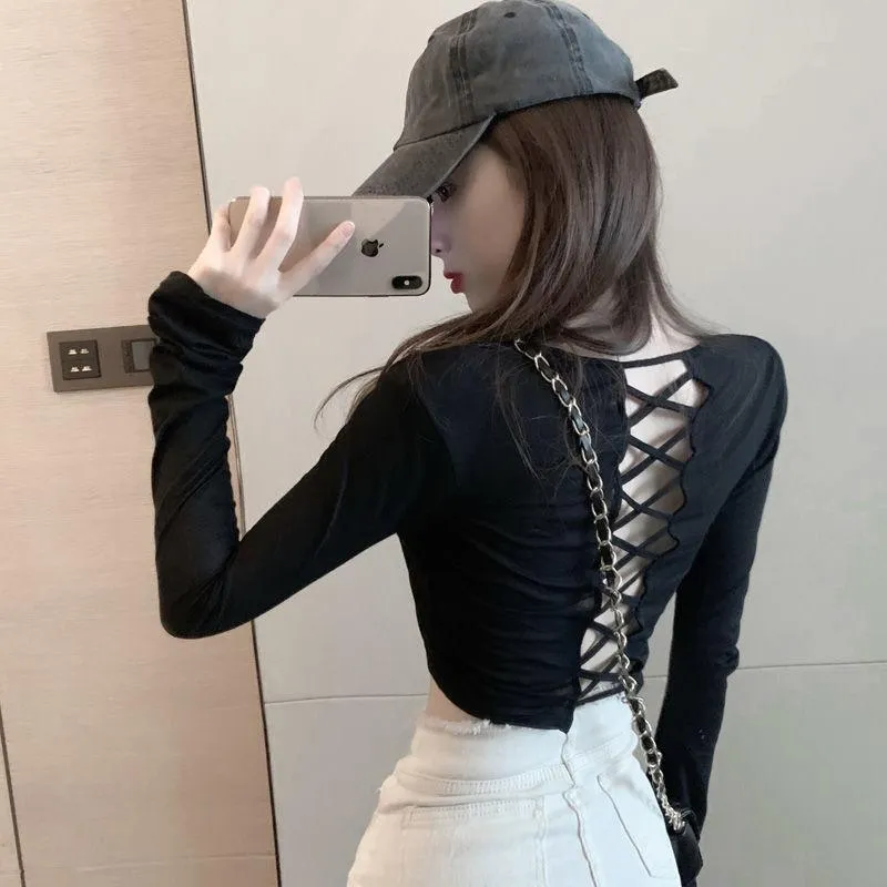 Women's T-Shirt Woman TShirts Sexy Cross Backless Female Autumn Long Sleeve Round Neck Top Crop Mujer Camisetas