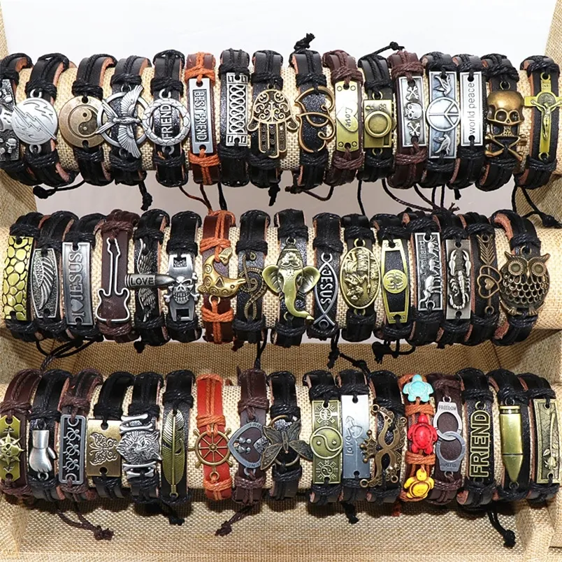 Großhandel 50 teile/los Leder Metall Charme Armbänder Für Männer Vintage Handgelenk Manschette Armbänder Für Frauen Geschenke Schmuck Mix Stil 220519