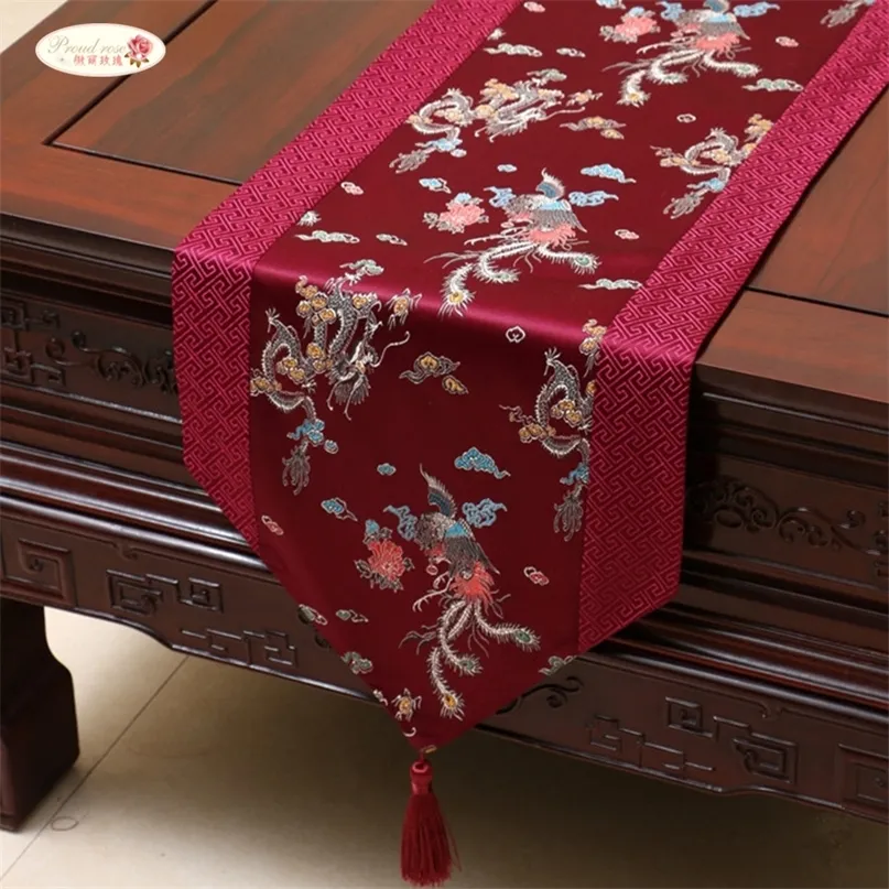 Bandera de decoración del hogar de tela de camino de mesa de satén de estilo chino de Rosa orgullosa con cubierta creativa de borla 220615