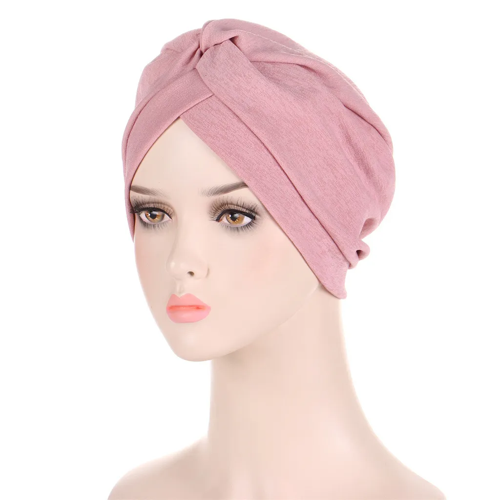 Nuevo Hijab Chemo Cancer Beanies Turbantes Sombreros Color sólido Cap Twisted Hair Cover Headwrap Turban Headwear para mujeres