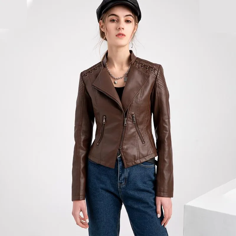 Women's Leather & Faux Autumn Winter Women&#39;s Black PU Short Jacket Slim Turn-down Collar Zipper Fashion Wild Locomotive Outwear Fema