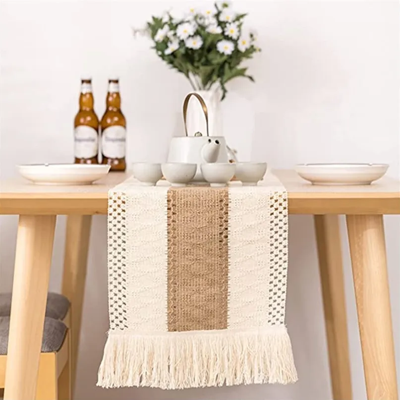 Macrame Table Runners with Tassels Natural Burlap Splicing Cotton Bohemian Wedding Bridal Shower Rustic Home Farmhouse 12x72 in 220615