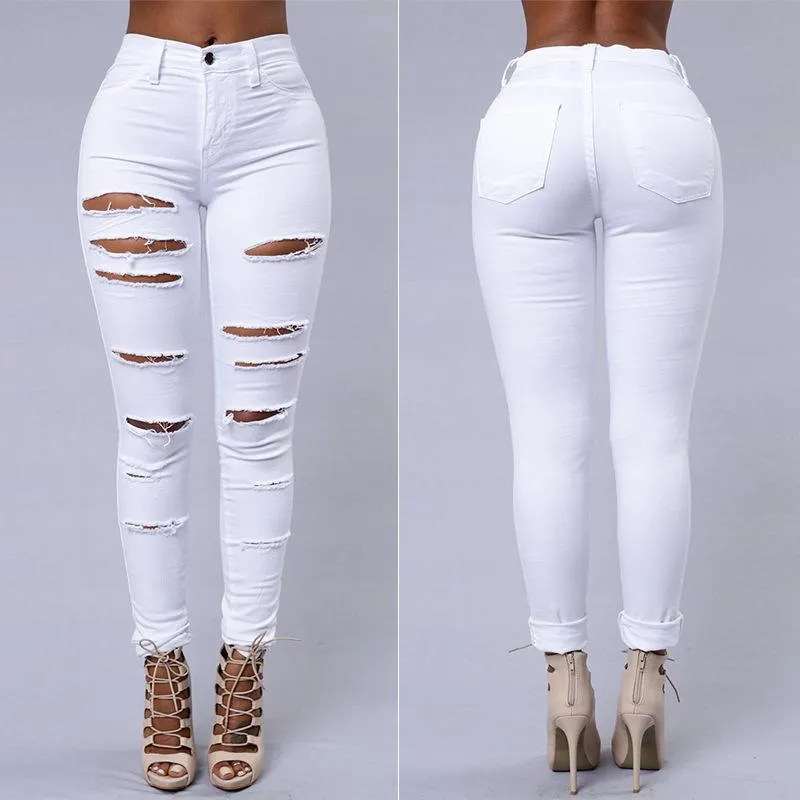 Women's Jeans Sexy Skinny Pencil Pants Casual Hole High Waist Ripped Tight Trousers Women Fashion Streetwear Slim Solid Full Length Pant