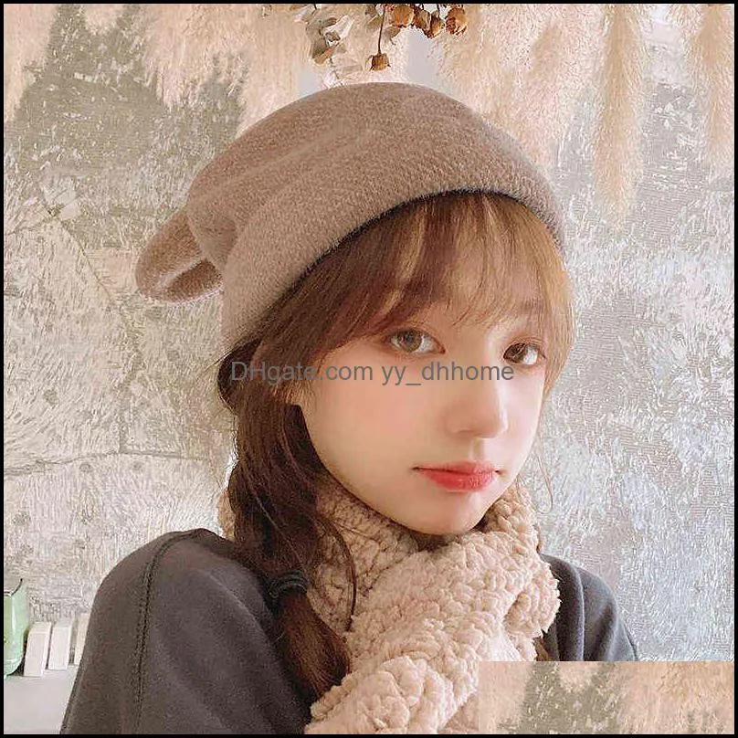 rabbit ears solid color warm knitted hat thicken cycling fur beanies winter soft elastic woman knit bonnet wool acrylic autumn