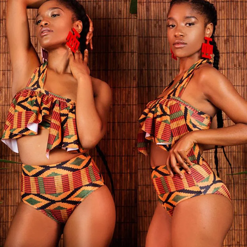 High Quality African Print Ruffle Bikini Set For Women Push Up