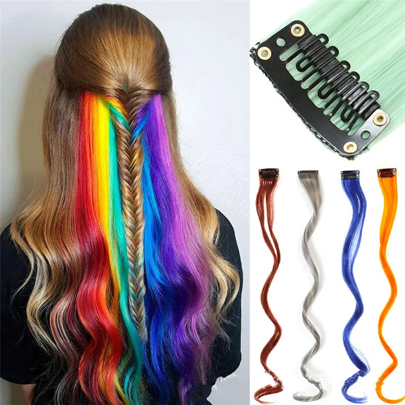 Postiche colorée Clip dans les Extensions de Cheveux Résistant à la Chaleur Synthétique Droite Postiches pour Femmes Multi-Couleurs Partie Faits saillants