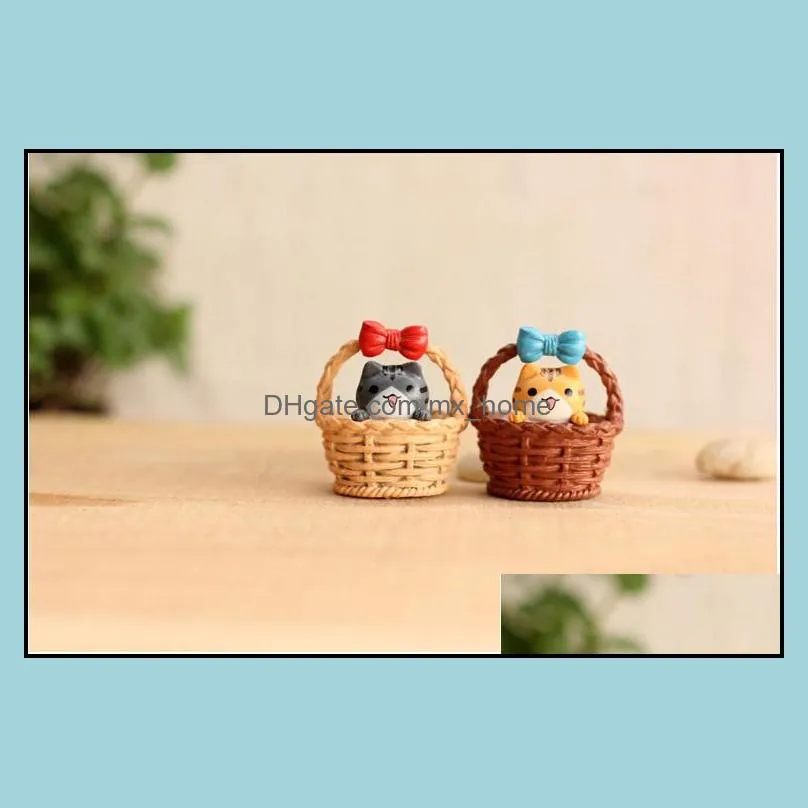 Cat In Bowknot Bamboo Basket Resin Doll Toy Moss Terrarium Ornaments Micro Landscape Accessories DIY Miniature Fairy Garden DIY