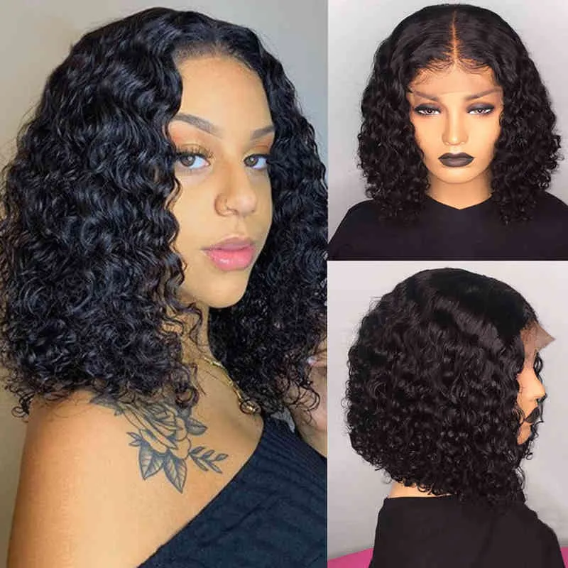 Remy Deep Wave T Deel Lace Haarpruiken Korte Curly Bob Prepluck Baby Braziliaanse pruik voor vrouwen 220609