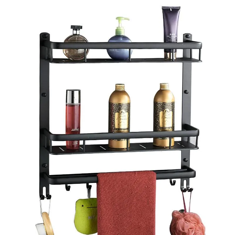 Badrumshyllor Black Space Aluminium Racks Multi-Layer Double Pole med krokar Amerikanska tillbehör YM-03Bathroom