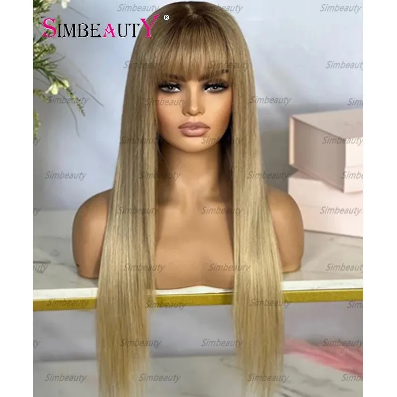 Ombre Brown Roots Ash Blonde Fringe Human Hair Wigs for Women Glueless 13x6 Deep Part Transparent Lace Front Wigs with Bangs