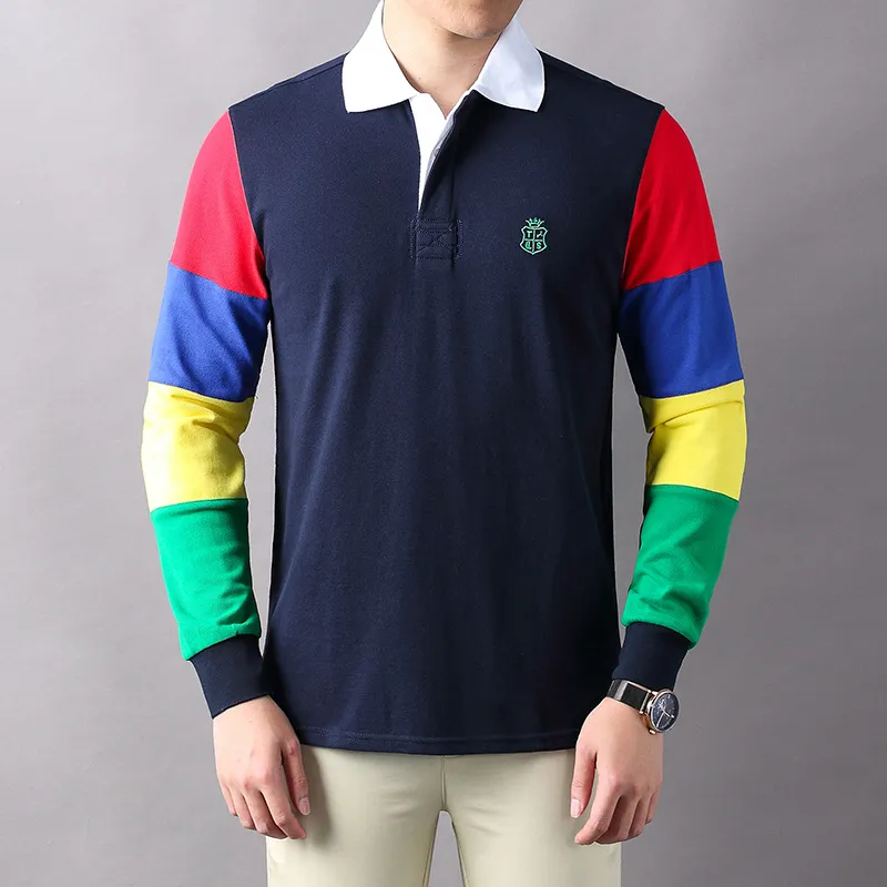 Polos en coton de qualité de luxe, chemise à manches longues à rayures, décontracté, couleur contrastée, ample et confortable, T-shirt s-6XL